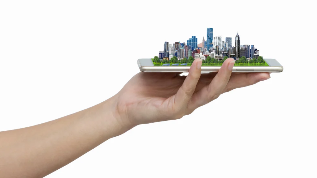 A 3D map of a city on top of a phone